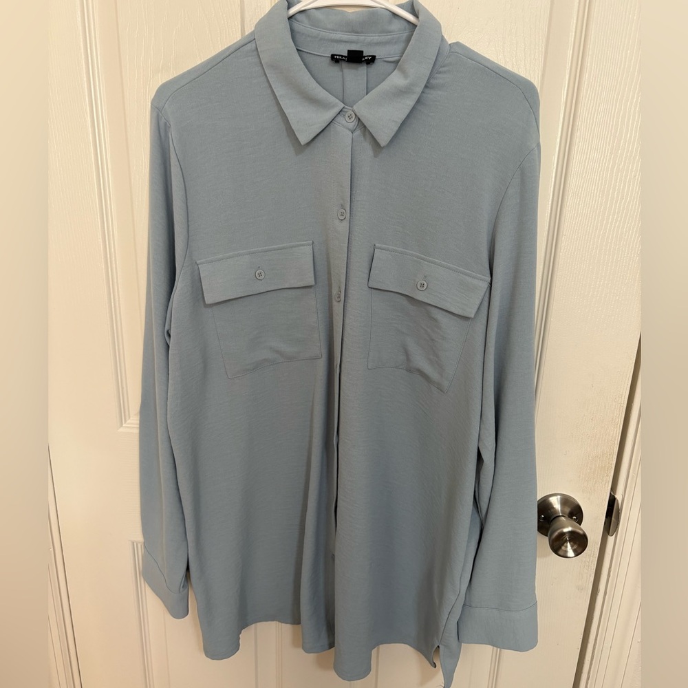 Hilary Radley Dusty Blue Button-Down Long Sleeve Utility Blouse